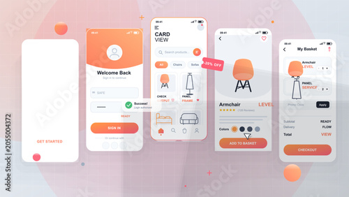 Mobile furniture shopping app interface with sign in, product cards, armchair detail, basket checkout and coral gradient accents in vector style