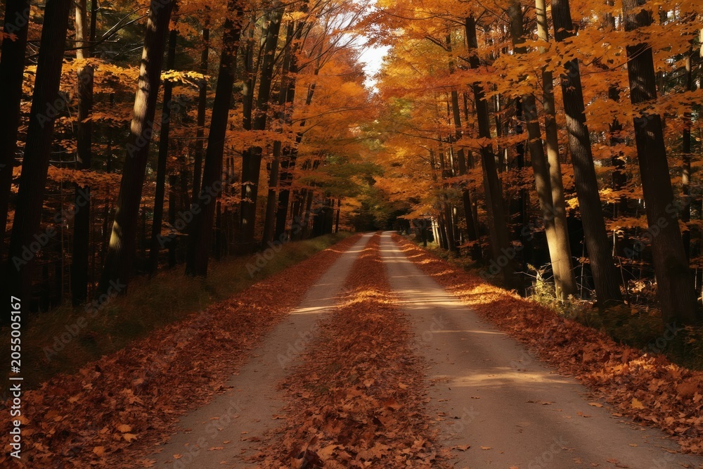 Fototapeta premium Autumn forest road covered with fallen dry leaves. Tall trees with orange and yellow foliage line the path. Sunlight filters through the canopy creating shadows on the ground.