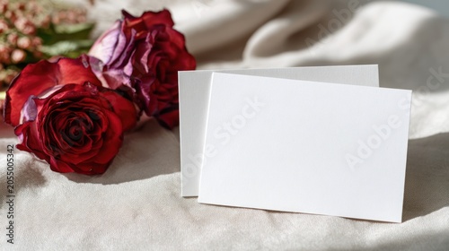 Red roses with blank cards on linen