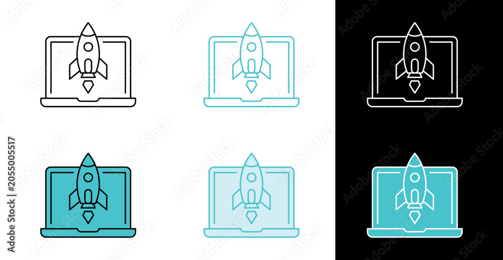 Fototapeta premium Laptop with rocket takeoff icon for business growth concept in line and fill style