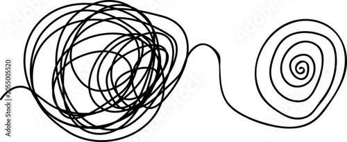 Foto A continuous black line unraveling a chaotic, tangled knot forms a small loop and a smooth, straight line