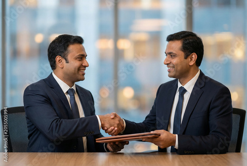 Indian businessmen shaking hands in corporate office setting holding leather folder during meeting