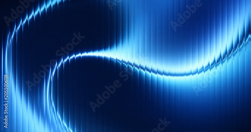 Abstract reeded glass background with dynamic blue liquid wave and vertical glowing lines, glossy surface with 3D fluid metal reflections for modern tech design