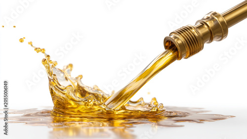 fuel nozzle pouring golden liquid fuel, dynamic splash as liquid hits surface, isolated on clean white background