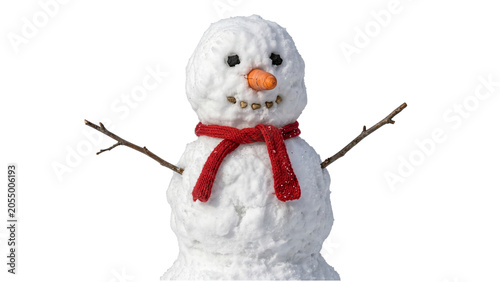 Bild auf Leinwand Traditional snowman with carrot nose and scarf on transparent background