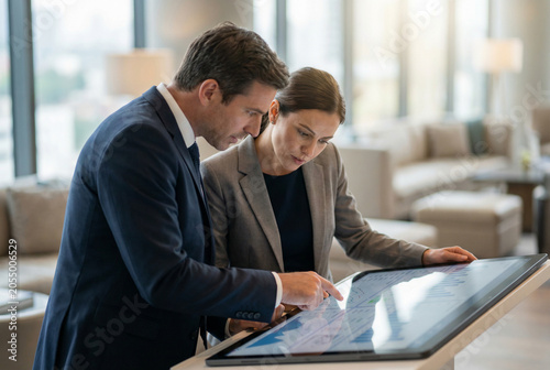Business professionals in suits analyzing financial data on large digital tablet in modern corporate office lounge