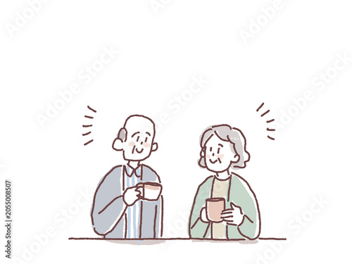 お茶を飲んでほっと一息つく高齢夫婦の人物イラストB