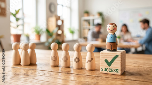 Panoramic view of wooden models representing employee performance evaluation.