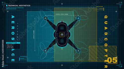 Принти на полотні Technical quadcopter drone blueprint poster with top view UAV schematic, rotor m