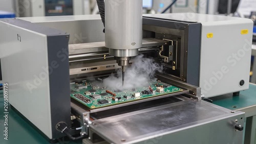 Precision Machinery Cutting Through Circuit Boards with Smoke Emission