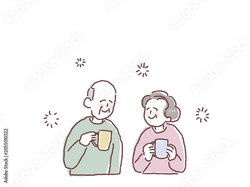 お茶を飲んでほっと一息つく高齢夫婦の人物イラストA