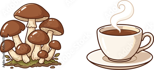 Obraz na plátne Mushroom Coffee Vector Icon Set Featuring Wild Brown Fungi Clusters and Hot Stea