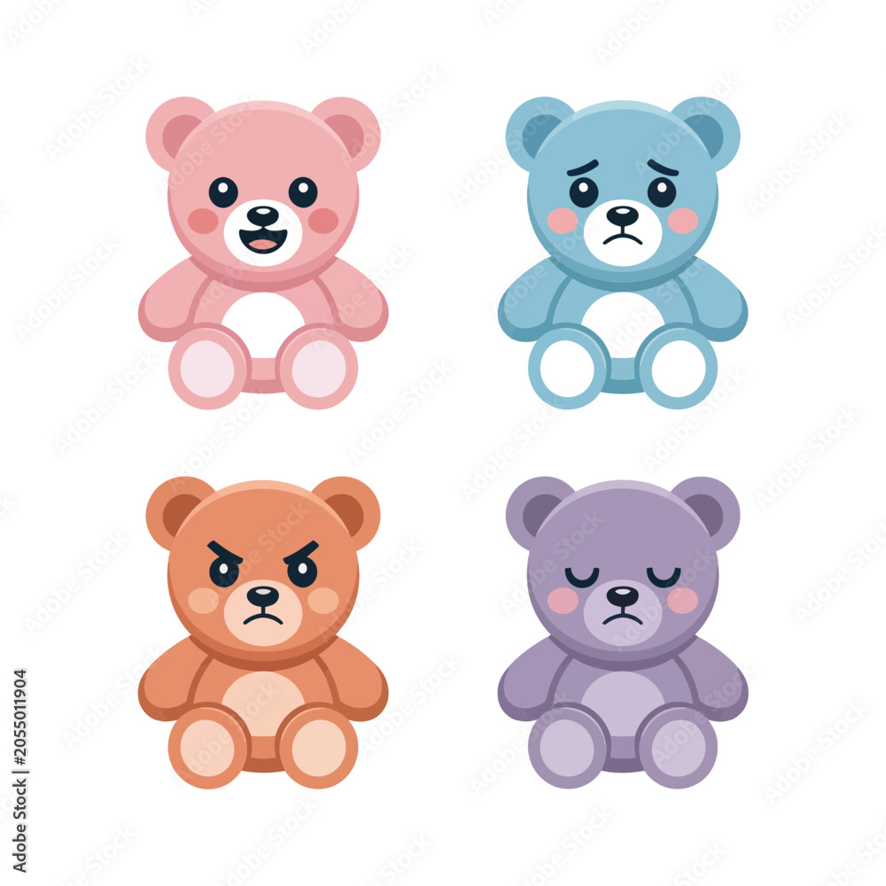 Naklejka premium Nursery Toys, Teddy Bear Characters With Sweet Expressions, Colorful Cute Style, Icon Set, Flat Vector Icons, Sticker Pack, Clipart Collection