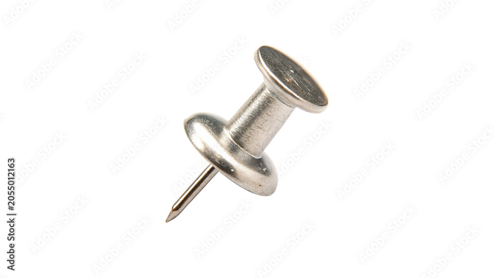 Obraz premium Classic silver metal push pin thumbtack office stationery tool isolated on transparent background