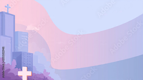 Abstract illustration of a city skyline with religious crosses and soft pastel colors.