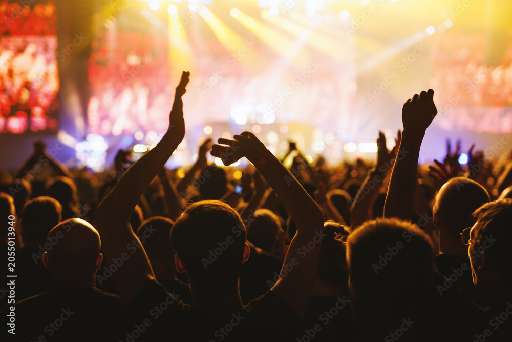 Fototapeta premium Large Audience Clapping and Cheering at Bright Music Show