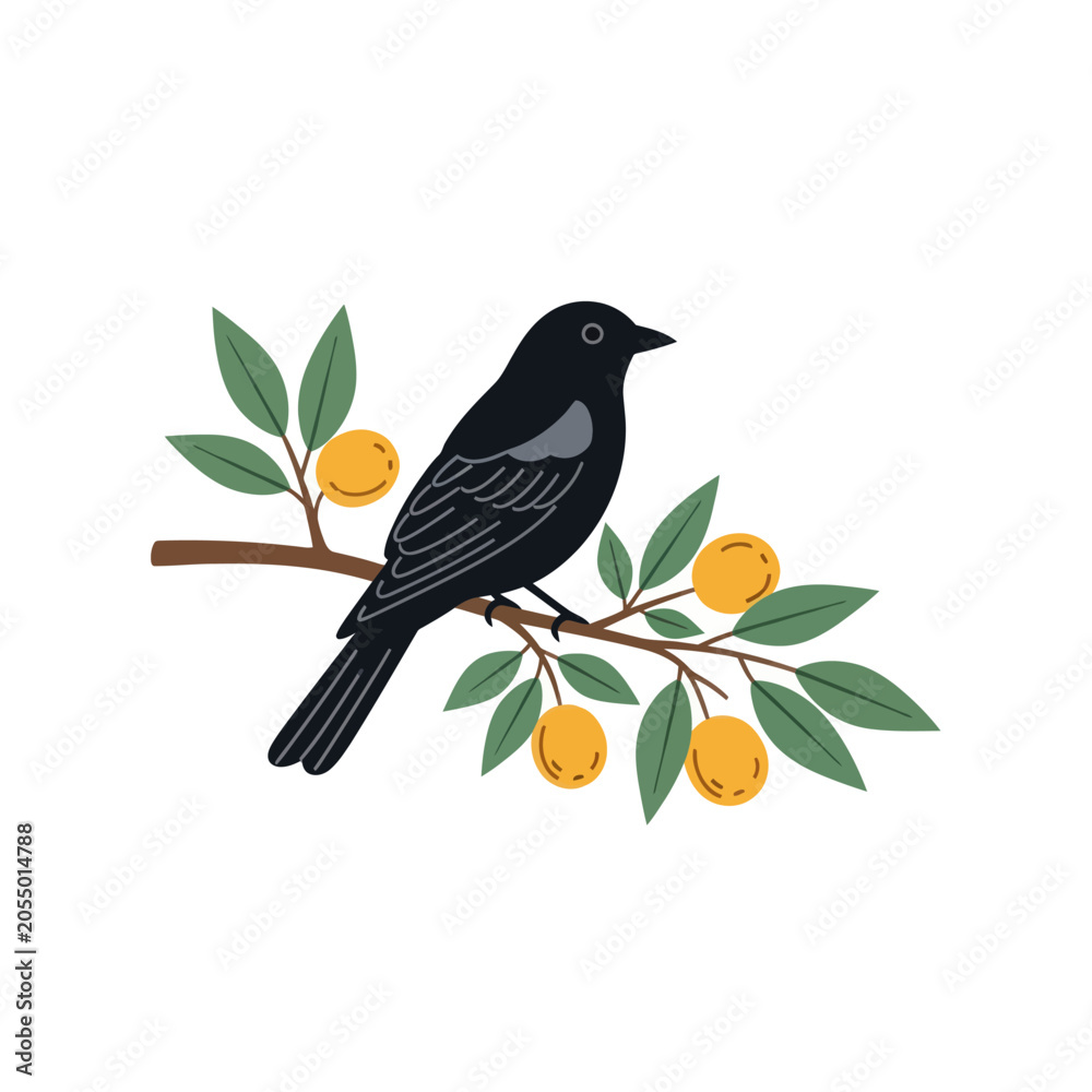 Obraz premium Black Bird Perched on Fruit Branch Illustration