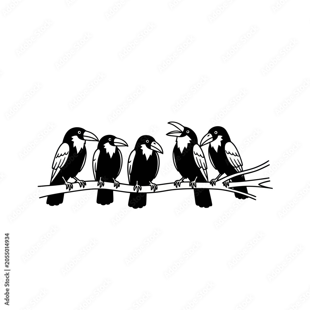 Obraz premium Five Stylized Crows Perched on a Branch