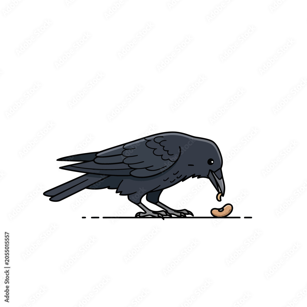 Fototapeta premium Cartoon Black Crow Eating Seeds Illustration