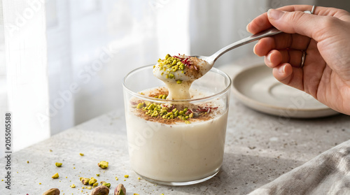 Person lifting a spoonful of traditional creamy milk pudding topped with crushed pistachios and ground cinnamon from a clear glass cup.