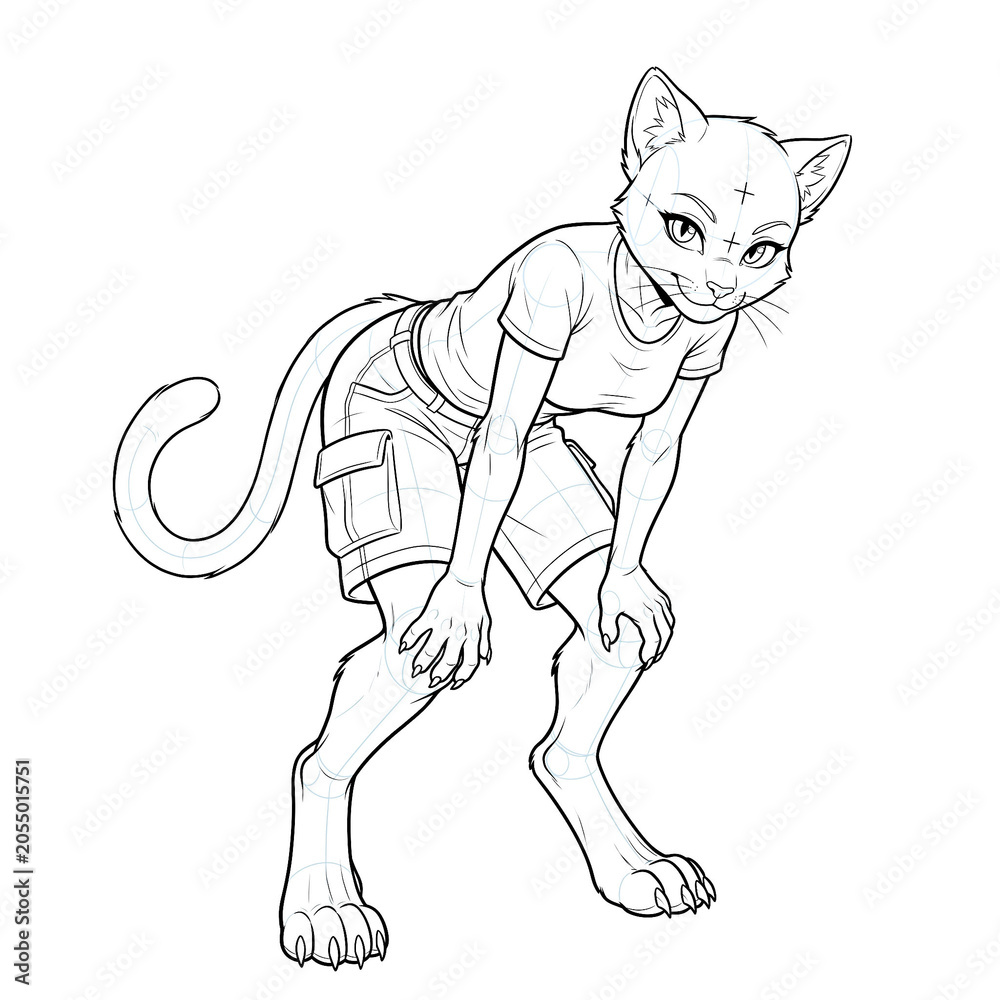 Fototapeta premium Hand drawn sketch of anthro feline pinup peeking over shoulder.