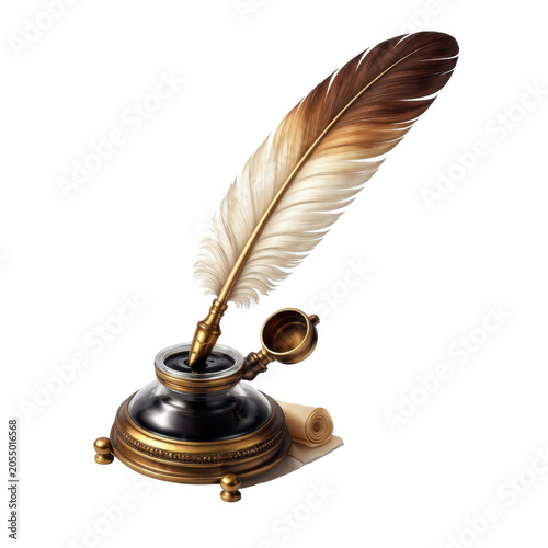 Antique quill pen inserted into an ornate vintage inkwell, featuring a detailed feather and metallic base, isolated on transparent background.