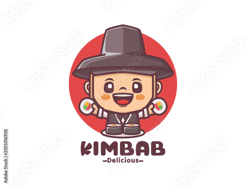 Cute Boy Cartoon Character in Korean Traditional Hanbok and  kimbab