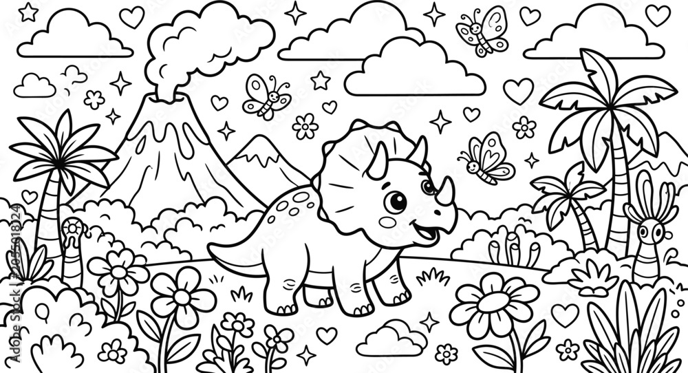 Fototapeta premium Triceratops dinosaur coloring page for kids with volcano flowers and butterflies