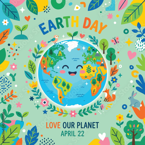Photos Earth Day Cartoon Planet Illustration.