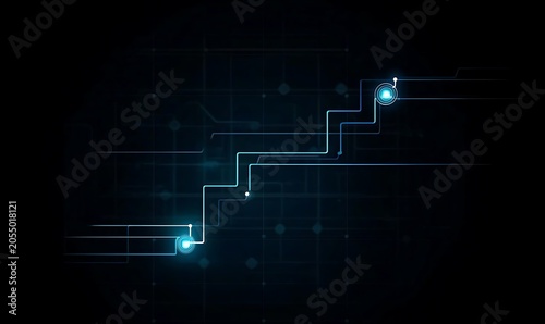 Digital ascending graph with light blue lines and bright nodes on a dark grid background.