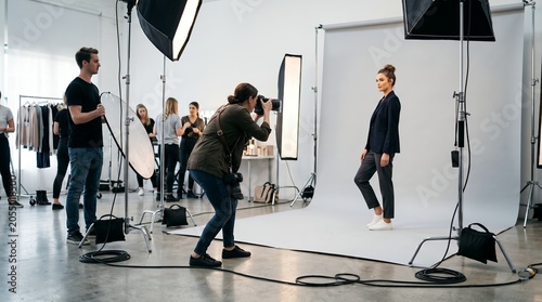 Professional photo studio production with crew and equipment. Ideal for content creation, advertising campaigns, media production, filmmaking, commercial photography and creative industries.
