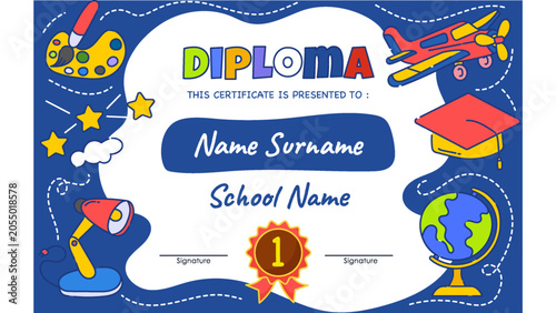 Children's graduation certificate template with a dark blue frame, featuring playful illustrations of a plane, globe, graduation cap, and paint