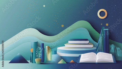 Abstract paper cut style illustration featuring books and a serene landscape background.