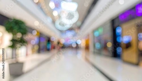 Abstract Blurred Shopping Mall Interior with Bright Bokeh Lights and Storefront Reflections Background.