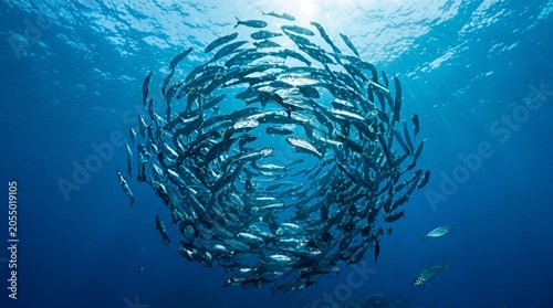 Abstract school of fish underwater forming circular pattern. Ideal for teamwork, data visualization, networking, collective intelligence, business strategy, ecology and collaboration concepts.