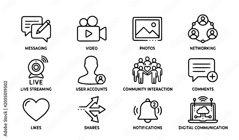 Fototapeta premium Monochrome online communication and social platform icon collection vector illustration
