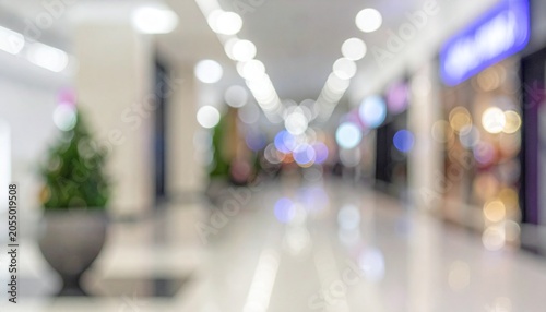 Abstract Blurred Shopping Mall Interior with Soft Bokeh Lights and Modern Storefronts Background.