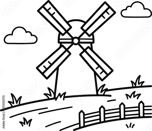 Windmill landscape coloring page for kids and adults relaxing rural scene