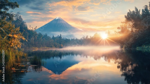 Serene sunrise over a lake with a volcano