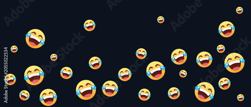 Many yellow laughing emoji faces with tears of joy floating on a black background representing social media chat communication and extreme fun happiness expressions for digital messages