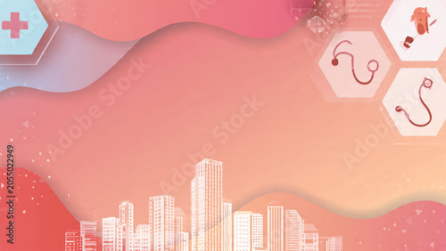 Abstract medical background with city skyline and healthcare icons in soft gradient colors.