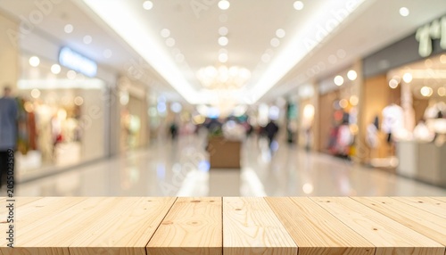 Empty Light Wooden Tabletop Foreground with Abstract Blurred Shopping Mall Interior Background.