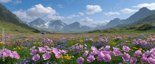 Panel kuchenny z motywem Vibrant 3D valley filled with blooming wildflowers under bright sunlight, perfect for nature and travel promotions.