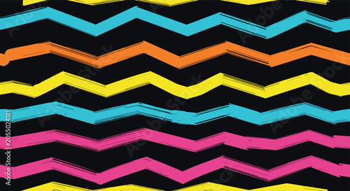Seamless pattern of vibrant brush stroke zig-zag lines in neon colors over a dark background for modern textiles.