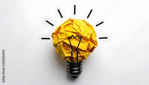 Crumpled Yellow Paper Light Bulb Symbolizing a Bright Idea.