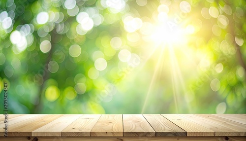 Empty Wooden Table with Sunlit Green Forest Background.