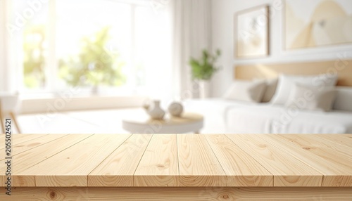 Cozy Bedroom Interior with Natural Light and Wooden Table Foreground.