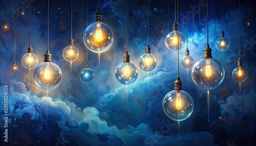 Enchanting String Lights Illuminate Dreamy Blue Nebula Background.