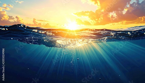 Beautiful Ocean Sunset With Sun Rays Shining Through Water.