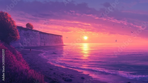 Serene sunset over coastal cliffs, reflecting in calm ocean waters
